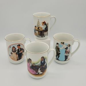 Bundle of 4 Vintage Norman Rockwell Mugs Porcelain With Gold Rims